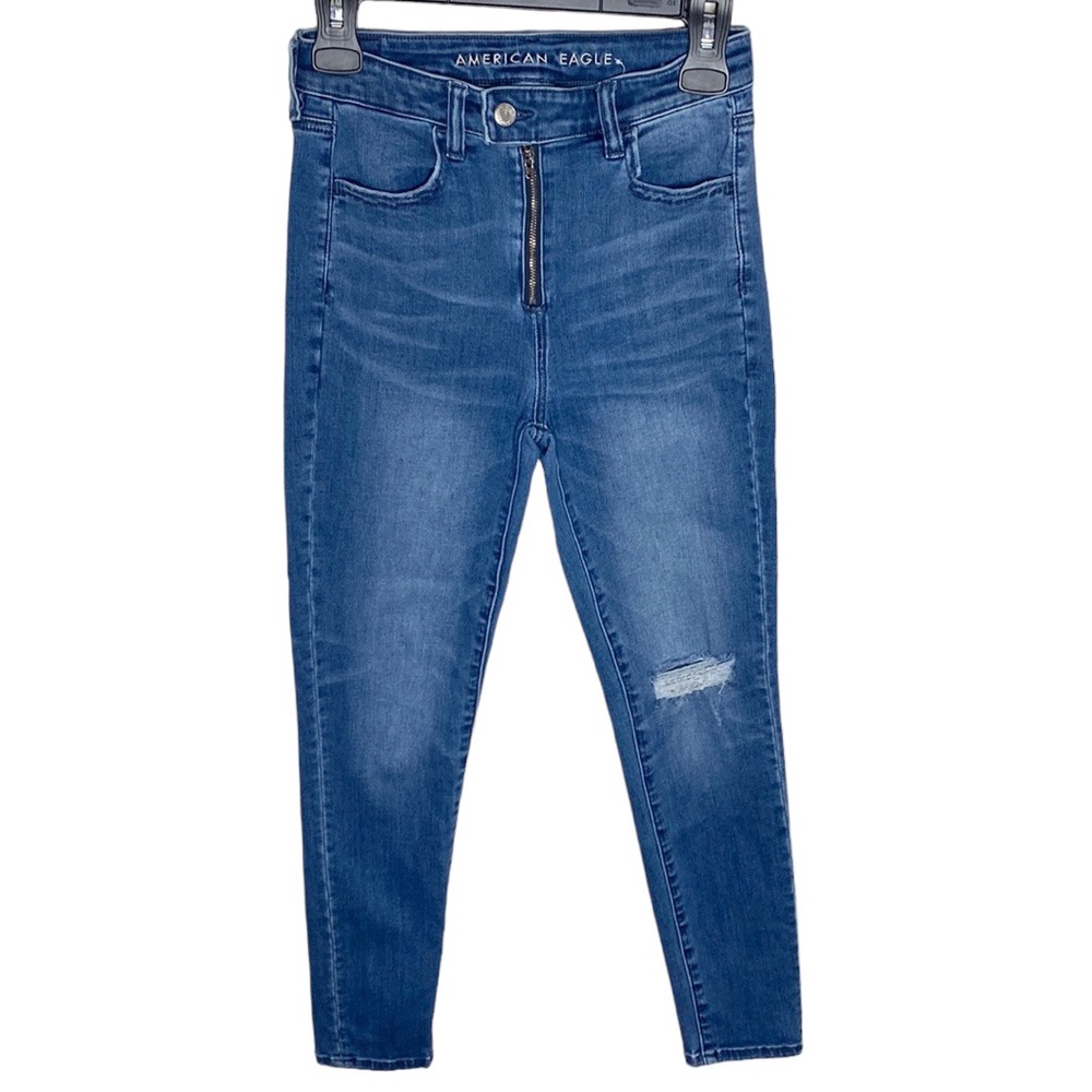 American Eagle distressed exposed zipper super hi-rise jegging crop jeans sz 4